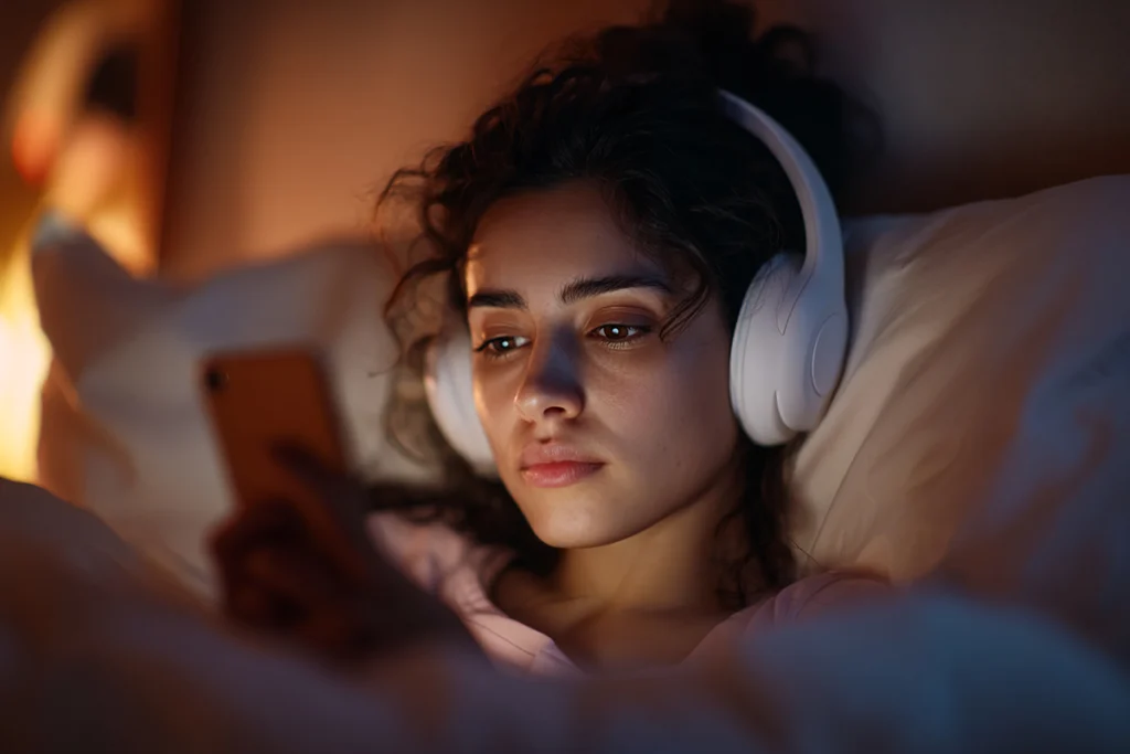 College student in bed with headphones on phone